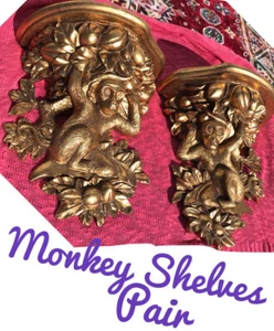 Monkey Wall Shelf PAIR Gold Wall Shelves Sconces Palm Beach Chinoiserie Chic 💕 - Picture 1 of 10