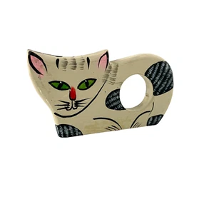Anelli tovagliolo a forma di gatto in legno dipinto a mano occhi verdi grigio gattino set da 8 - Foto 1 di 4