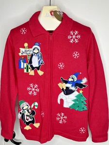 NEW Bechamel Size Large Penguin Christmas Full Zip Red Jacket Cardigan Sweater - Picture 1 of 9