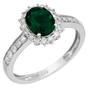 10k Solid White Gold Oval Created Emerald and Diamond Halo Engagement Ring - Picture 1 of 6