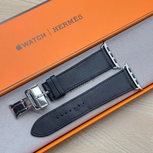 Bracelet cuir Hermès Apple Watch noir déploiement simple tour 44 mm 45 mm 46 mm 49 mm - Photo 1 sur 16