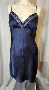 3 Pagode Dorate Camicia da Notte Donna Navy 100% Seta Abito Slip Taglia SM Spalline Adj - Foto 1 di 10