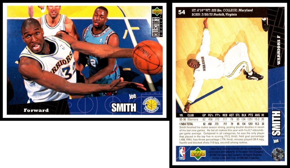 1996-97 Collector’s Choice Joe Smith #54 Golden State Warriors F - Image 1 of 1