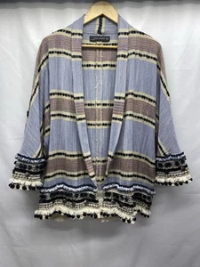 ZARA OPEN FRONT JACKET WOMENS SMALL TAN/BLUE BOHO WESTERN FESTIVAL - Picture 1 of 10