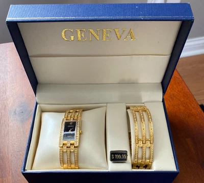 Nuevo Juego de Reloj y Pulsera Oro/Estrás, Nunca Usado, GINEBRA en Caja Original Foto 1 de 4