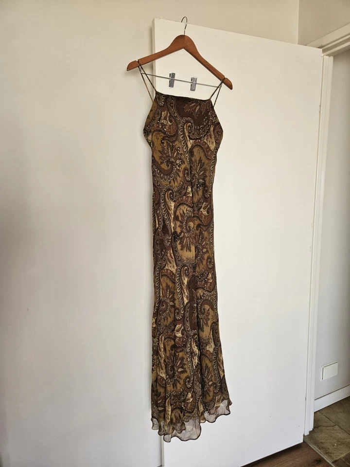 Vintage Silk Slip Dress Maxi Gown 10 12 Brown Paisley Y2K 90s Prom Bead Grunge - Image 1 of 4