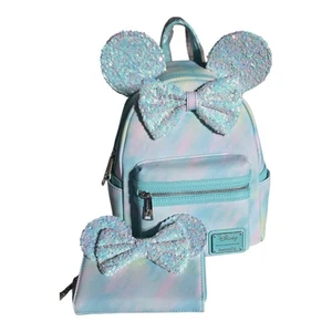 Loungefly Disney Seafoam Minnie Mouse Sequin Bow Exclusive With Matching Wallet - Picture 1 of 8