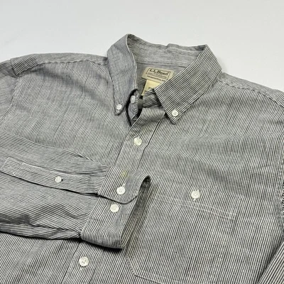 LL Bean Shirt Mens Medium Gray White Striped Button Down Traditional Fit Cotton - Image 1 of 4