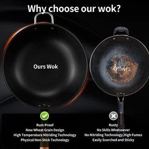 Wok Pan 13" Acciaio al Carbonio Woks Padelle Antiaderenti Pre-Stagionate Utensili Cinesi - Foto 1 di 6