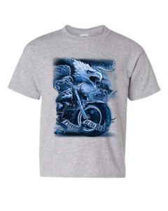 Freedom of the Road Youth T-Shirt Biker Born to be Wild MC Bald Eagle Kids Tee - Picture 1 of 8