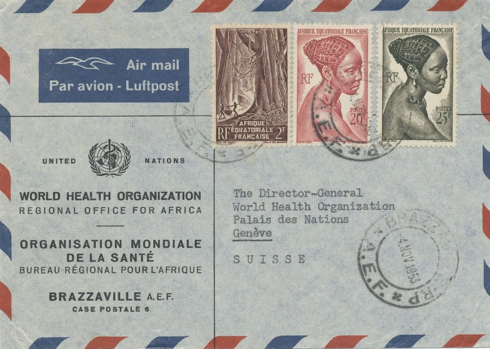 FRANZÖSISCH ÄQUATORIAL AFRIKA 1953 Buntfrankatur Kab.-Vordruck-Lupo der WHO UNO - Bild 1 von 1