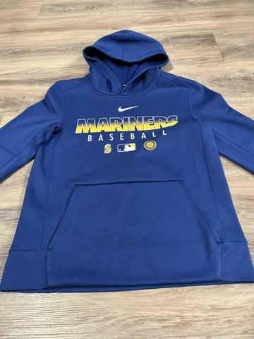 NIKE Youth MLB Seattle Mariners Therma Fleece Pullover Hoodie Blue Yellow Medium Cover