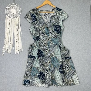 Linen Lux Dress Womens 14 L Blue Tropical Palm Leaf Cotton Boho Holiday Vcay - Picture 1 of 11