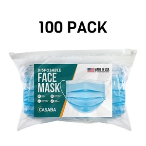 Casaba 100 Pack Blue Disposable Face Masks 3Ply Filter Made in USA Import Fabric - Picture 1 of 8