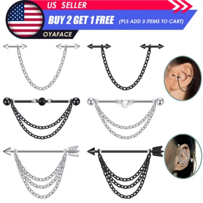 Brincos de cartilagem pendurados de aço cirúrgico com corrente industrial 14G - Imagem 1 de 4