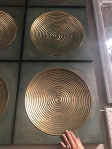 TWO URBAN INDUSTRIAL AGED METAL WALL ART PLAQUES CONCAVE RIBBED CENTER 04106 - Picture 1 of 4