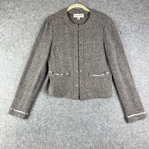 St John Sweater Wool Blend Cardigan Womens 8 Taupe Fleck Full Zip Beaded Accent - Foto 1 di 16