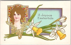 Joyous Eastertide Girl Narcissus Daffodil Flowers Easter Postcard Unposted - Bild 1 von 2