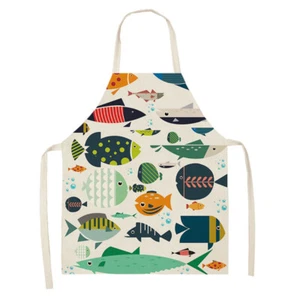 Fish Printed Linen Apron Waterproof Kitchen Cooking Bibs Adult Apron (82x68cm) - Picture 1 of 12