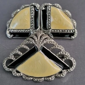 Set Damen hellbraun und schwarz Emaille Stil Markasiten Fächerform Brosche Anstecknadel & Ohrring - Bild 1 von 8