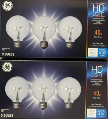 6 GE 40W Crystal Clear G25 Globe Light Bulbs w/Medium Base - Image 1 of 3