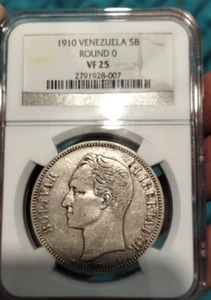 VENEZUELA 1910- 5 BOLIVARES (Variety: round 0) - VF25 NGC - Picture 1 of 3
