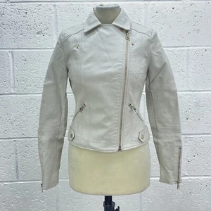 RIVER ISLAND CREAM GREY LEATHER JACKET BIKER ASYMMETRIC GOLD ZIP Y2K UK 8 - Picture 1 of 6