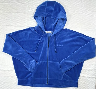 DKNY Women's Velour Long Sleeve Full Zipper Hoodie Royal Blue Medium Pockets - Image 1 of 4