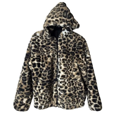 Разделенный искусственного меха леопард печать с капюшоном куртки полный молнии животных печати пальто XS - Изображение 1 из 4