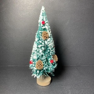 Albero di Natale Vintage Floccato Bottiglia Spazzola Pigna Ornamento Base Legno 6” - Foto 1 di 5