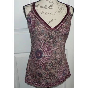 Satin Trim Embroidered Hem Criss-Cross Tank in Burgundy Floral Print Size 12 - Picture 1 of 6
