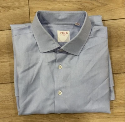 Camisa de vestir Thomas rosa patrón espiga azul liso talla 17/43 como nueva Foto 1 de 4