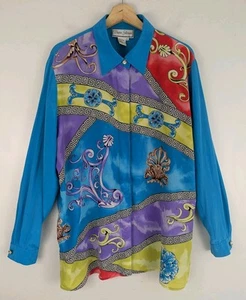 Vtg Diane Gilman Silk Blouse Plus Sz 1X Colorful Baroque Versace Look Button 90s - Picture 1 of 14