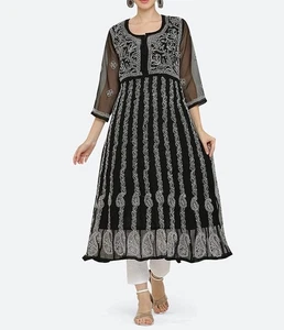 Women Chikankari Hand Embroidery Georgette Yog Anarkali Lucknowi Kurti with Free - Bild 1 von 54