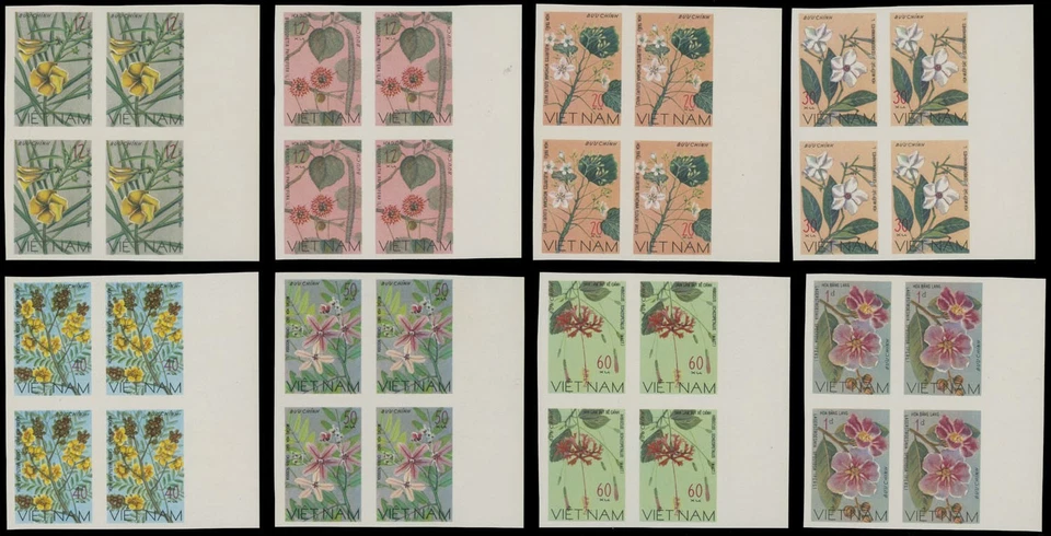 1977, Vietnam, flores silvestres, 12Xu-1D, conjunto en bloques de margen imperfectos, NH SC #894-91 Foto 1 de 1