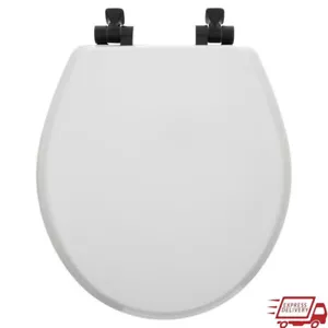 Round Enameled Wood Toilet Seat White Never Loosens Soft Close Matte Black Hinge - Picture 1 of 5