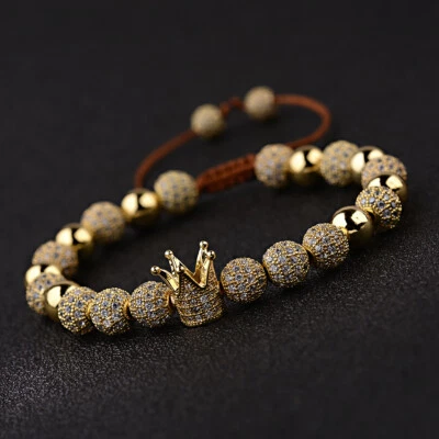 Luxury Men Gold Plated Crown Bracelets Copper Beads Braided Cuff Bangle Jewelry - Image 1 of 4