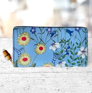 Gucci Nymphae Azure Shanghai Blue Large Floral Continental Zip Around Wallet NEW - Picture 1 of 8