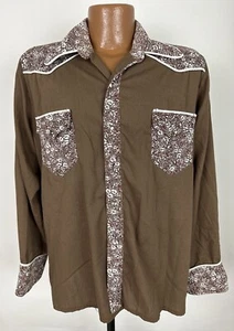 Camicia western vintage anni 70 fatta a mano uomo M marrone bordo floreale cane orecchio collare DIFETTO - Foto 1 di 20