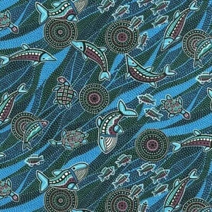 Aboriginal Style - BAANBAAN - Fish - Turtles - Quilting Fabric- per FQ 1/4 yard - Picture 1 of 1