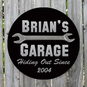 PERSONALIZED ROUND HIDING OUT SINCE METAL GARAGE SIGN - Picture 1 of 1