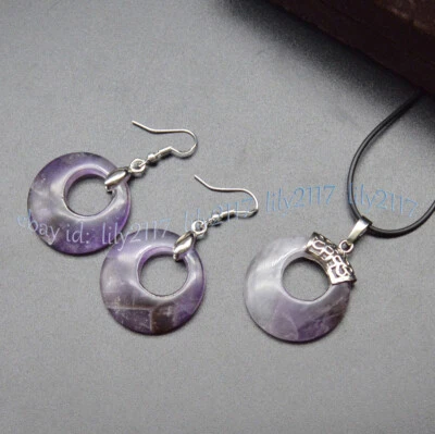Purple Amethyst Hollow Round Ring Gem Pendant Leather Rope Necklace Earrings Set - Image 1 of 4