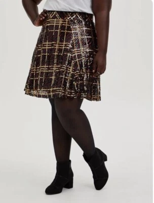 Saia skatista nova com etiquetas Torrid 3 3x 22 24 Plus xadrez ouro vermelho lantejoulas glam gótico férias - Imagem 1 de 4