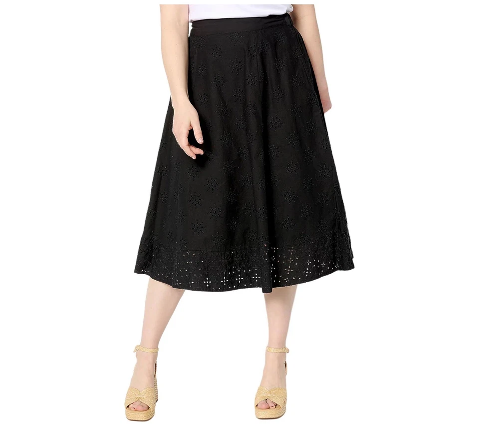 Isaac Mizrahi Live! Falda midi con ojales de algodón bordada negra Foto 1 de 1