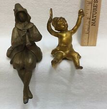 Brass Shelf Sitting Figurines Medieval Man Pied Piper & Boy w/ Paddle & Ball