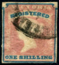 VICTORIA - 1854 1/- ROSE-PINK & BLUE 'REGISTERED' VFU SG 34 CV £200 [D1267]
