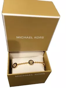 NWT Michael Kors Fulton Link Chain Bracelet With 3 Cristal MK Logo Charms Gold - Picture 1 of 16