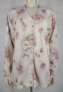 NWT Gabriella T. beige cream pink floral Wool blend cardigan sweater Large - Picture 1 of 9