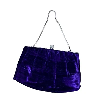 Vintage Purple Velvet Evening Bag Rhinestone Clasp Silver Chain - Image 1 of 4