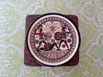 Plato de baratija griego hecho a mano Grecia cerámica terracota con madera 3,5 pulgadas Foto 1 de 4